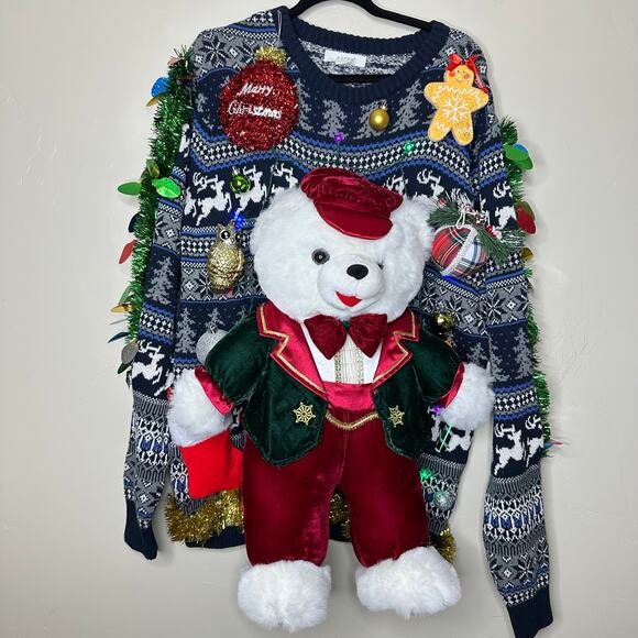Ugly Christmas Sweater Teddy Bear LIGHTS UP Tinsel Xmas Party Winner Size Large - Picture 1 of 5